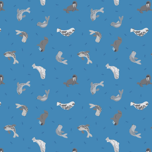 Lewis and Irene Fabric Lewis and Irene Fabric Small Things Polar Animals Seals Surf Blue  - The Sewing Studio