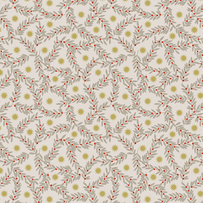 Lewis and Irene Fabric Lewis and Irene Noel Metallic Gold Star and Berries Natural C67.1  - The Sewing Studio