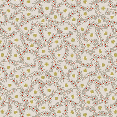 Lewis and Irene Fabric Lewis and Irene Noel Metallic Gold Star and Berries Natural C67.1  - The Sewing Studio