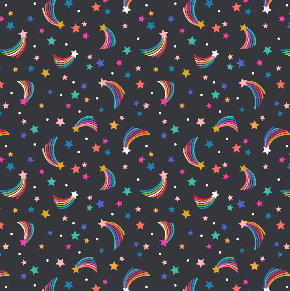 Lewis and Irene Fabric Lewis and Irene Over The Rainbow Shooting Rainbow Stars Black