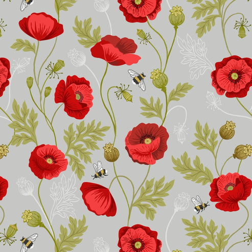 Lewis and Irene Fabric Lewis and Irene Poppies Poppy And Bee Light Grey  - The Sewing Studio