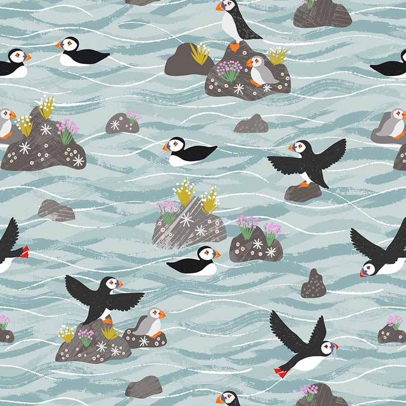 Lewis and Irene Fabric Lewis And Irene Puffin Bay Puffins On Rocks Light Blue A685.1  - The Sewing Studio