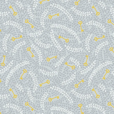 Lewis And Irene Secret Winter Garden Fabric Gold Metallic Keys On Icy Grey A657.1