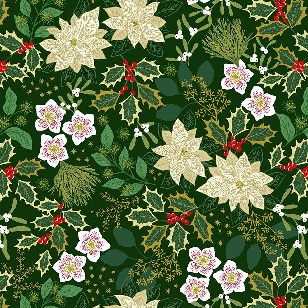 Lewis and Irene Fabric Lewis And Irene Yuletide Floral On Gold Metallic C104.2  - The Sewing Studio