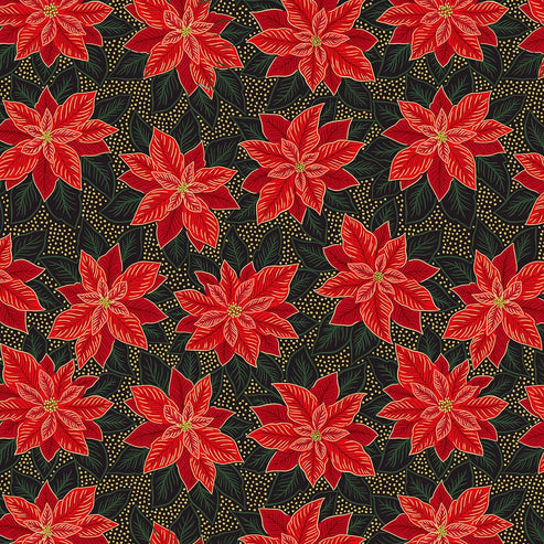 Lewis and Irene Fabric Lewis And Irene Yuletide Poinsettia On Black Gold Metallic C102.3  - The Sewing Studio