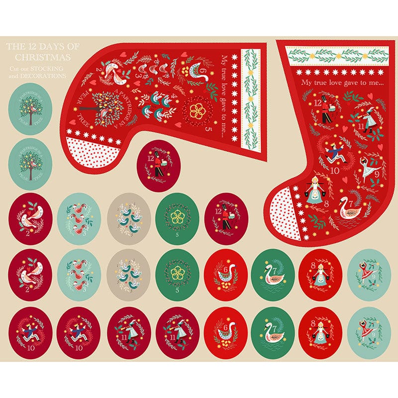 Lewis and Irene Fabric Panels & Labels Lewis & Irene 12 Days of Christmas Stocking Panel C76  - The Sewing Studio