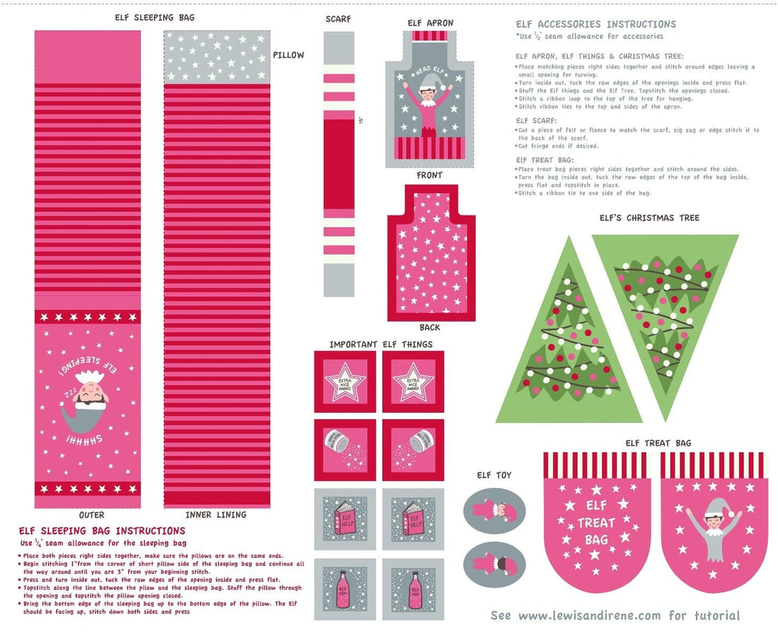 Lewis and Irene Fabric Panels & Labels Lewis & Irene: Christmas Glow: Elf Accessories: Pink Fabric Panel  - The Sewing Studio