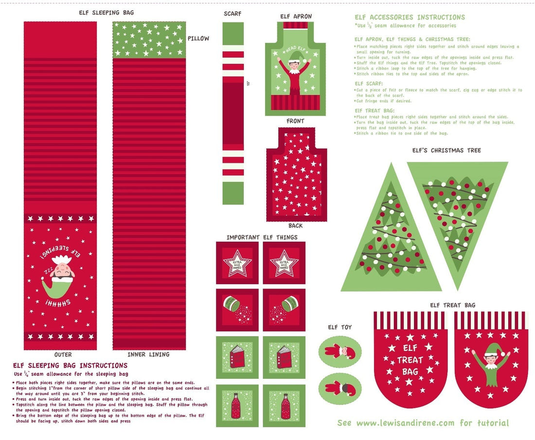 Lewis and Irene Fabric Panels & Labels Lewis & Irene: Christmas Glow: Elf on the Shelf Accessories: Red & Green Fabric Panel  - The Sewing Studio