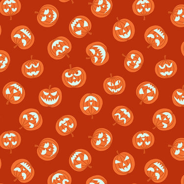Lewis And Irene Haunted House Fabric Glow In The Dark Pumpkin Faces On Orange A601-1