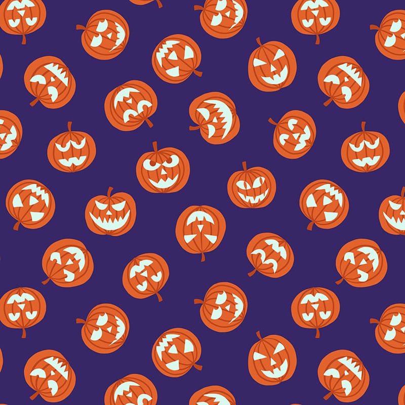 Lewis And Irene Haunted House Fabric Glow In The Dark Pumpkin Faces On Purple A601-2