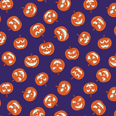 Lewis And Irene Haunted House Fabric Glow In The Dark Pumpkin Faces On Purple A601-2