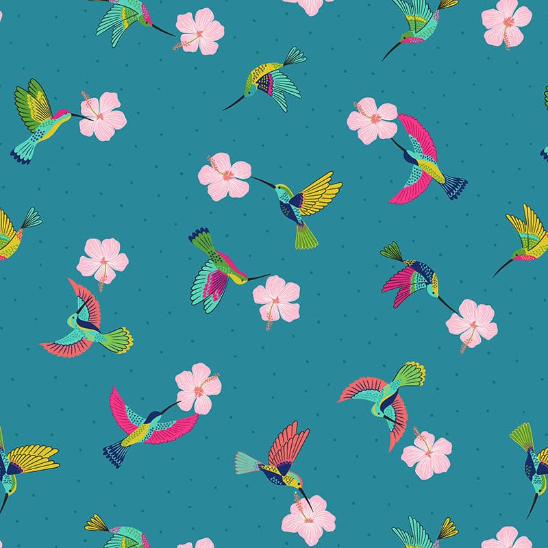 Lewis And Irene Hibiscus Hummingbird Fabric Scattered On Tropical Blue A597-3