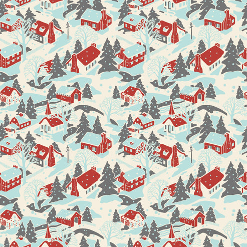 Makower Fabric Makower Christmas Fabric Retro HoHo Winter Village Artic Blue A574B  - The Sewing Studio