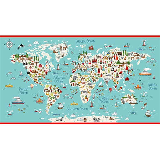 Makower Fabric Panels & Labels Makower ABC Around The World 2 Map Fabric Panel  - The Sewing Studio