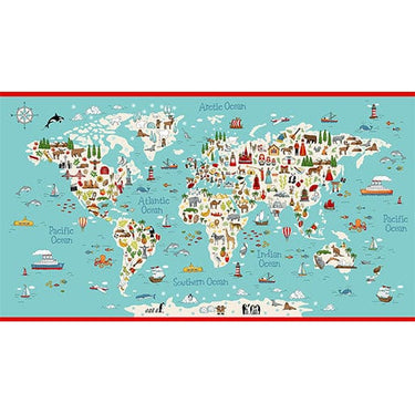 Makower Fabric Panels & Labels Makower ABC Around The World 2 Map Fabric Panel  - The Sewing Studio for sale UK - The Sewing Studio