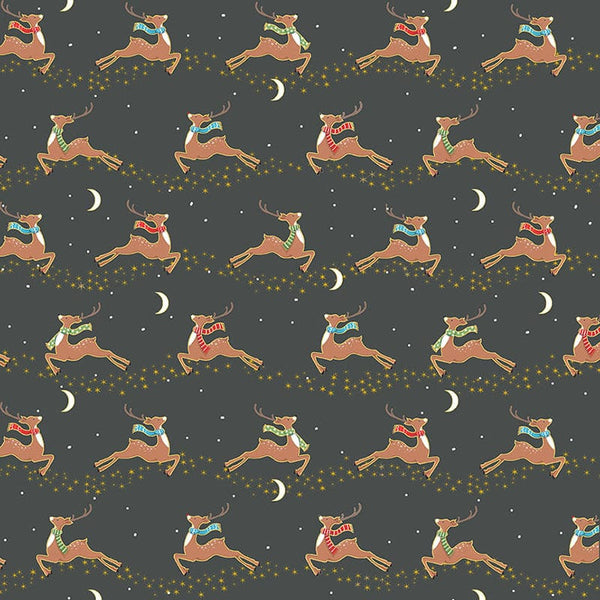 Makower Merry Christmas Flying Deer Grey Fabric 2482/S
