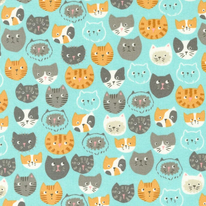 Moda Fabric Moda Here Kitty Kitty Cat Faces Aqua 20830-18  - The Sewing Studio