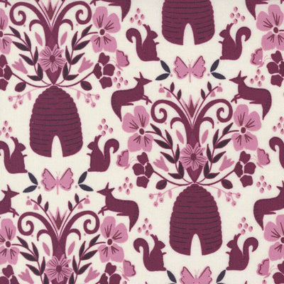 Moda Wild Meadow Fabric Flora And Fauna Damask Porcelain Boysenberry 43131-21