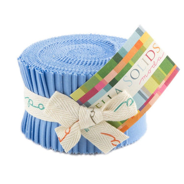 Moda Fabric Pre Cuts Moda Fabric Bella Solids Junior Jelly Roll 30s Blue  - The Sewing Studio for sale UK - The Sewing Studio