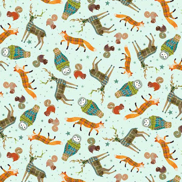 Quilting Treasures Fabric Woodland Winter Fabric Tossed Animals Green 28947H