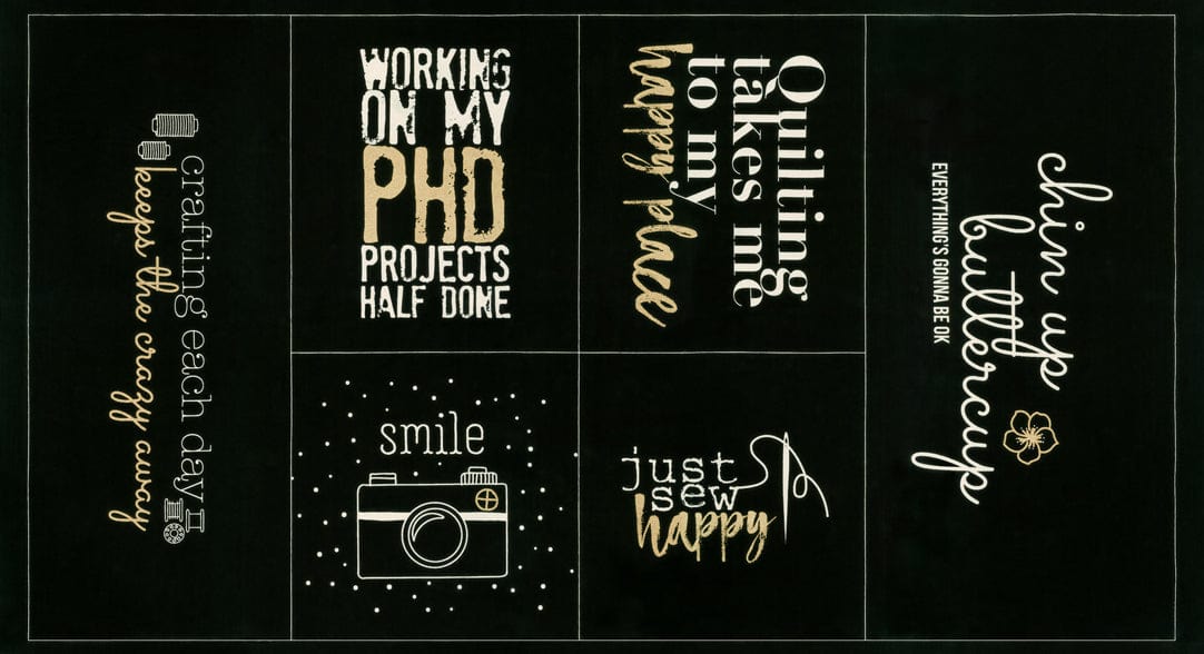 Moda Fabric Sew Happy Canvas Panel Black