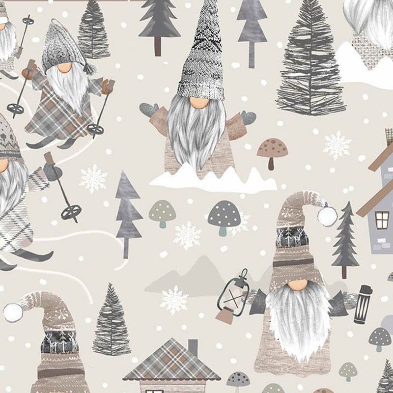 Snow Gnomes Fabric Scenic Holiday Natural C1391-NATURAL