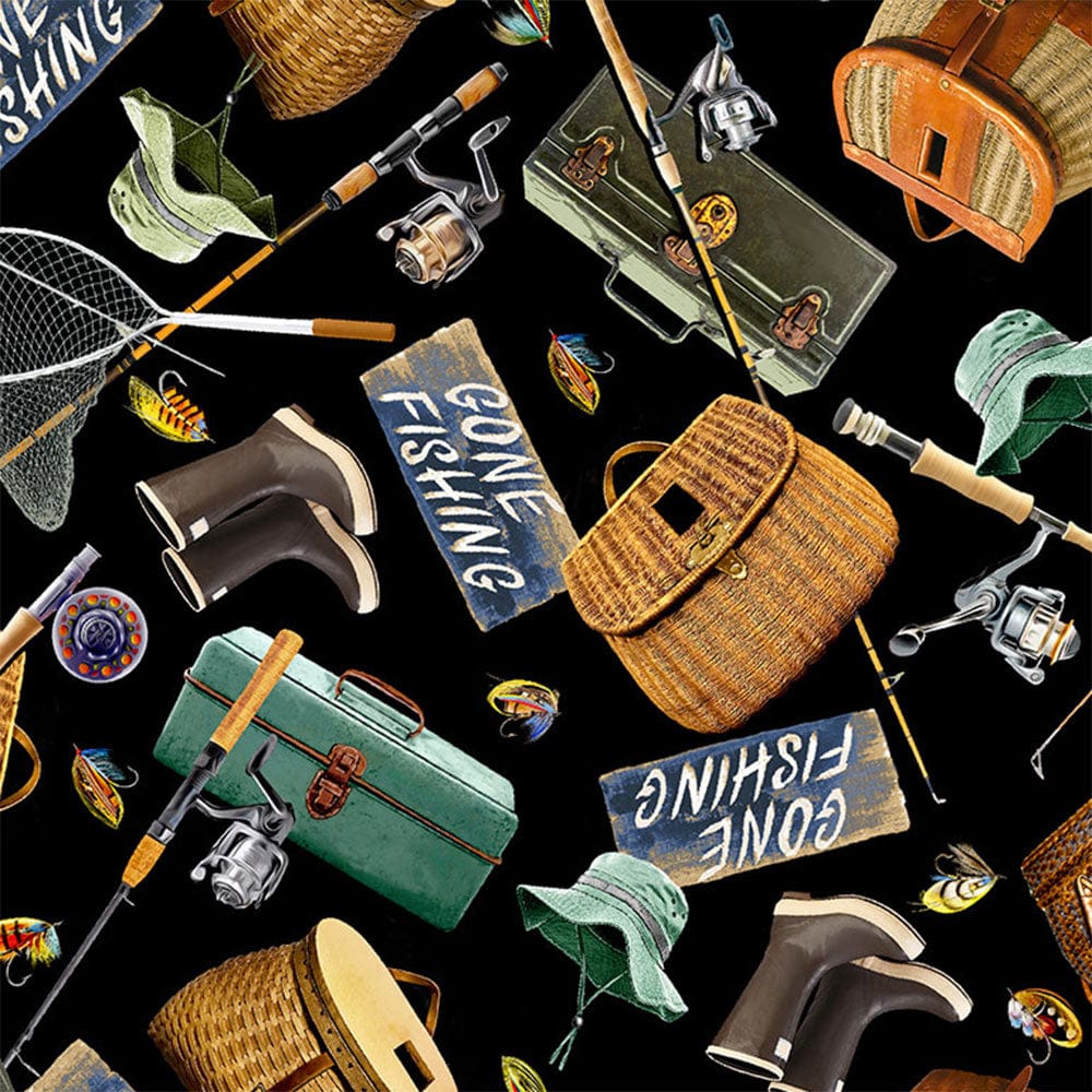 Timeless Treasures Fabric Timeless Treasures Gone Fishing Black Fabric  - The Sewing Studio