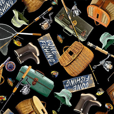 Timeless Treasures Fabric Timeless Treasures Gone Fishing Black Fabric  - The Sewing Studio for sale UK - The Sewing Studio